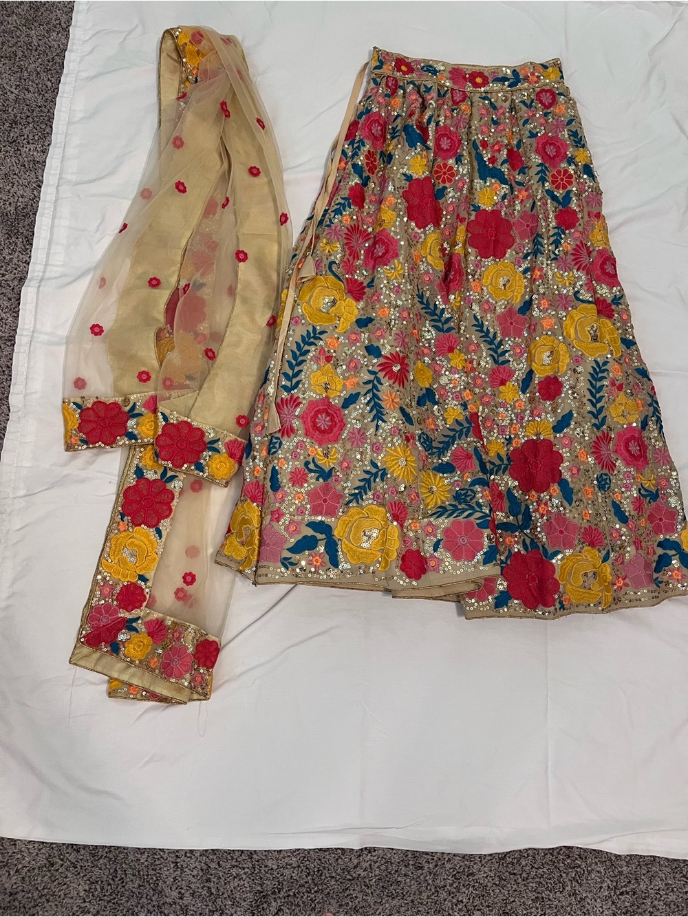 Pink/Yellow/Teal Embroidery & Sequin Lehenga. Includes dupatta and top.